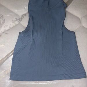 Sleeveless Blue Ribbed Turtleneck Top